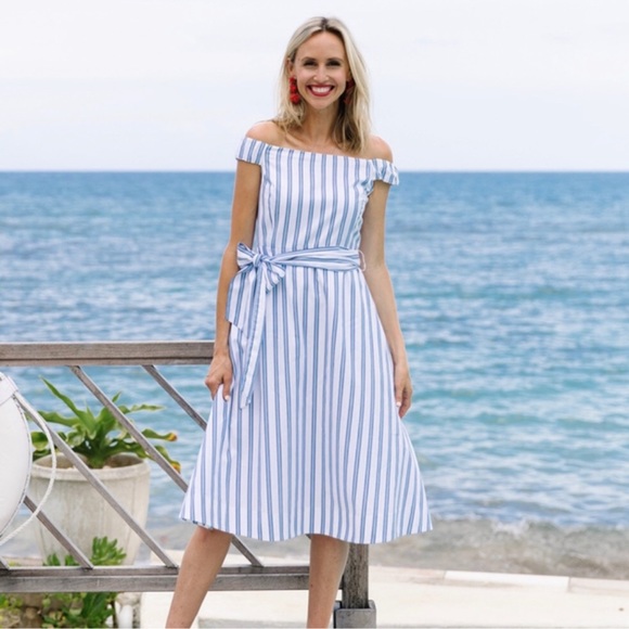 Draper James Dresses & Skirts - NWOT Draper James Off the Shoulder Striped Dress, Blue & White, Size 2